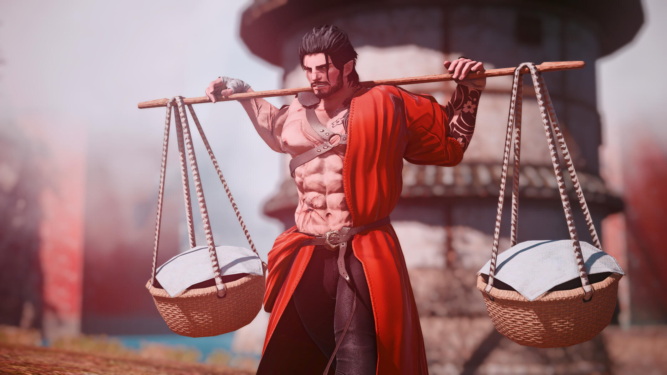 Hard Work and dedication. Tyr doing chores around the monastery manually to help him focus on discipline.